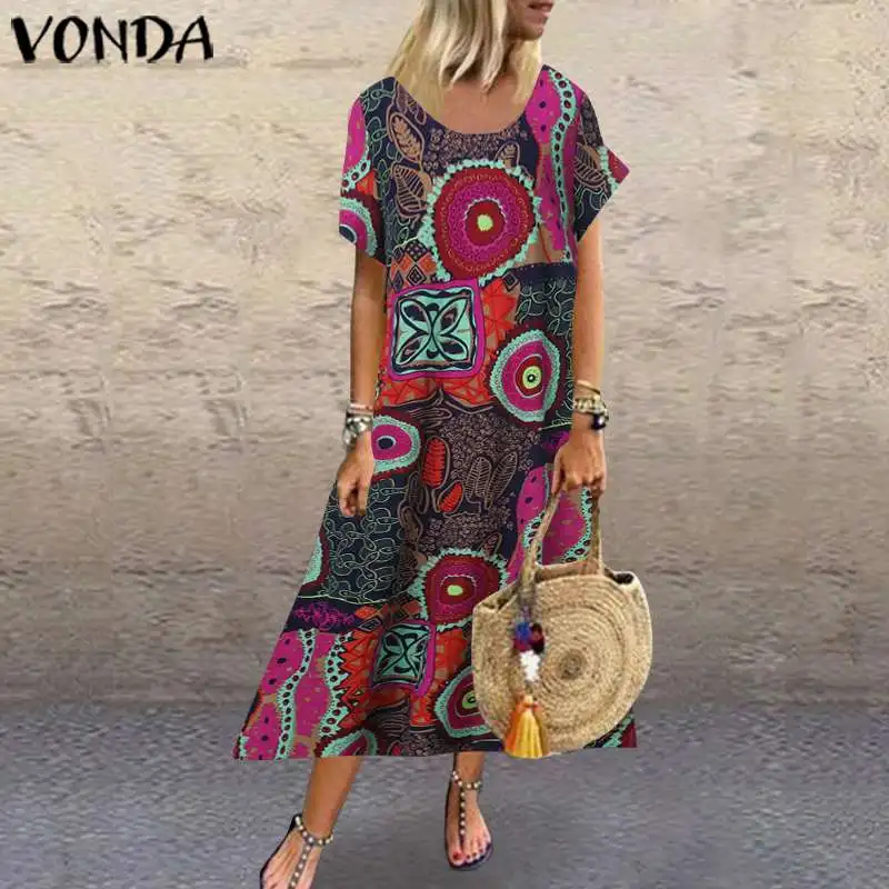 VONDA женское хлопковое льняное платье, сексуальное платье макси с коротким рукавом и принтом,, летнее винтажное платье, Повседневное платье, Vestidos размера плюс