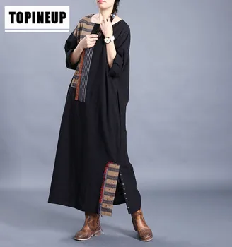 

Spring Womens Vintage round neck Long Sleeve Cotton Linen plus size Dress