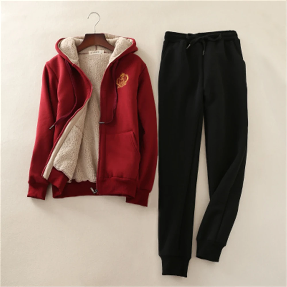 Женский комплект из двух предметов, повседневный комплект, зима, овчина, толстый бархатный свитер, женский костюм, теплый спортивный топ и штаны