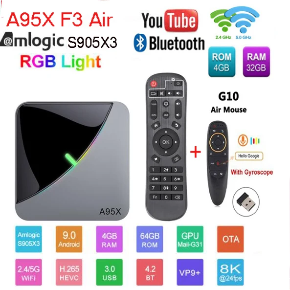 A95X F3 Air RGB Light TV Box Android 9.0 Amlogic S905X3 4GB 64GB Wifi 4K 60fps Netflix Youtube Smart TV Box A95XF3 X3 - Цвет: 4G 32G G10