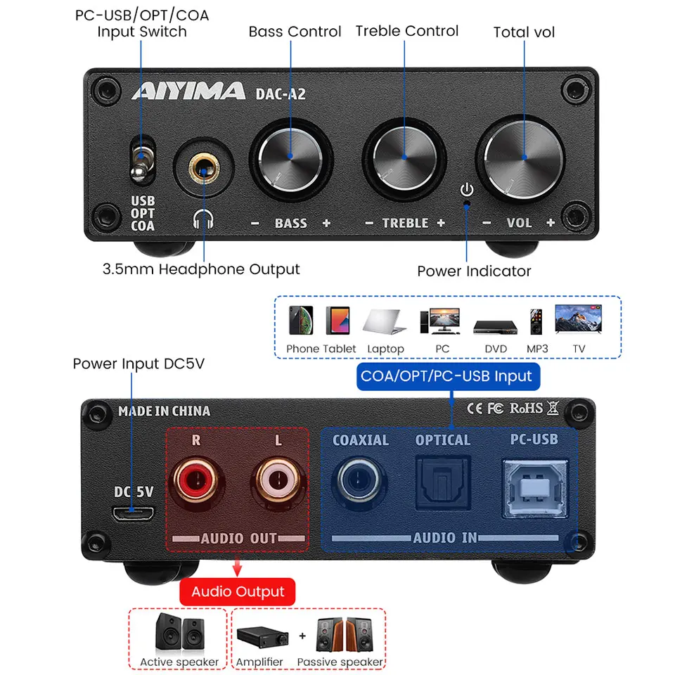 Fone de Ouvido Conversor para Desktop Aiyima Áudio Mini Estéreo Usb Gaming Dac Decodificador Amplificador Adaptador Alimentado Ativo Alto-falante a2 - Image 3