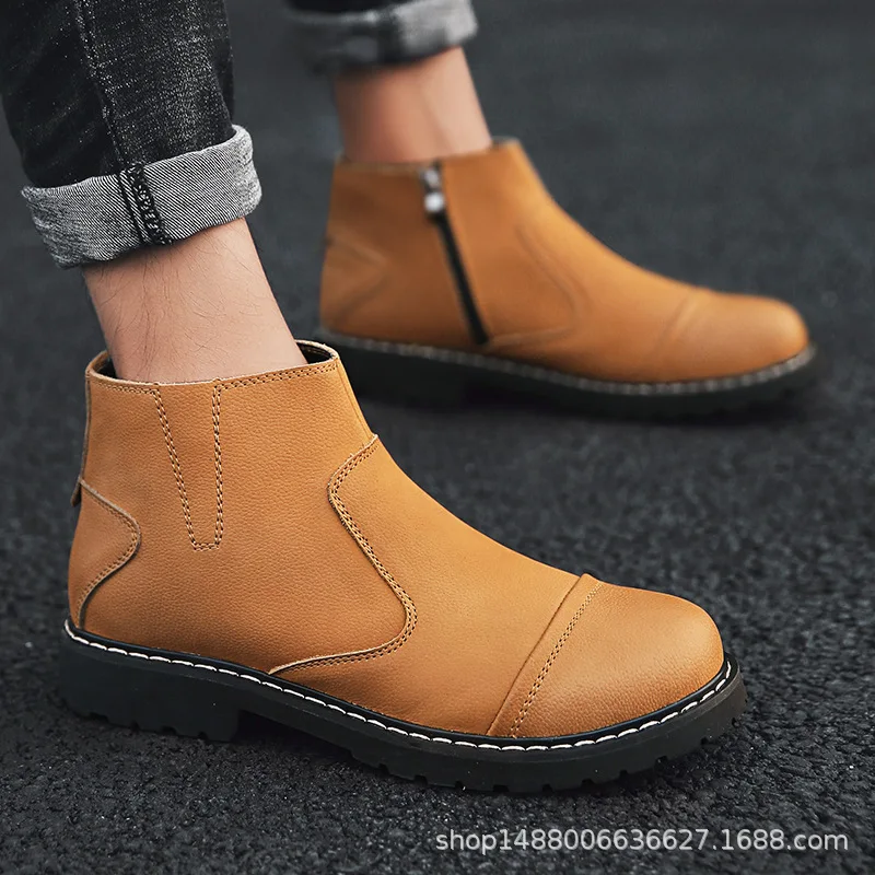 

Side Zipper Leather Short Boots Men's 2018 Autumn New Style round-Toe Chunky Heel Chelsea Man's Leather Boots Low Top Warm Boots