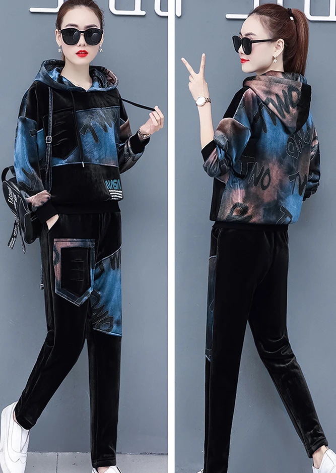 Plus Size Velvet Two 2 Piece Set Tracksuit For Women Warm Thick Outfits Hoodies Pant Suit Winter Festival Clothing Matching Sets