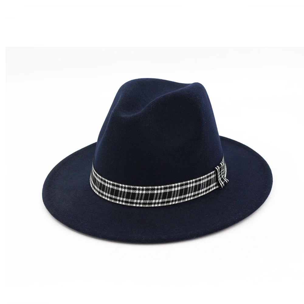 Для женщин Для мужчин шерстяная шляпа Fedora с полосатые атласные широкая шляпа Панама джазовая, шляпа
