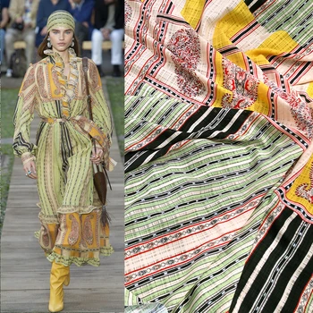 

Cashew flower stripe printing polyester fabric cloth 145 cm width clothing women's skirt handmade diy custom fabric