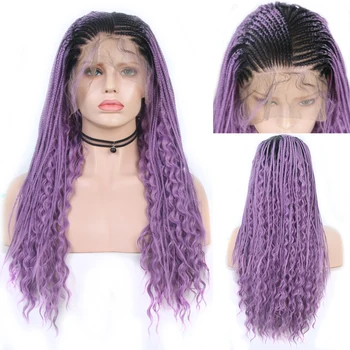 

Charisma 13X6 Ombre Purple Wigs Braided Wig Synthetic Lace Front Wig with Baby Hair Box Braids with Curly Wigs for Women