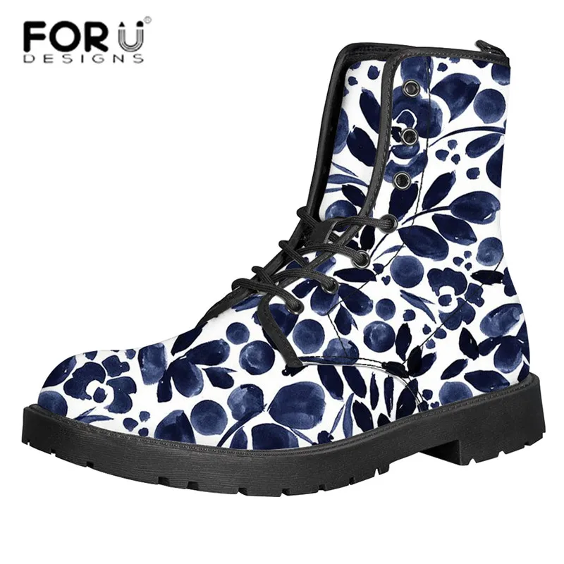 

FORUDESIGNS Lace up Round Toe Ankle Boots for Women Leaf Print Waterproof Winter Fashion Boots Outdoor Female PU Flats