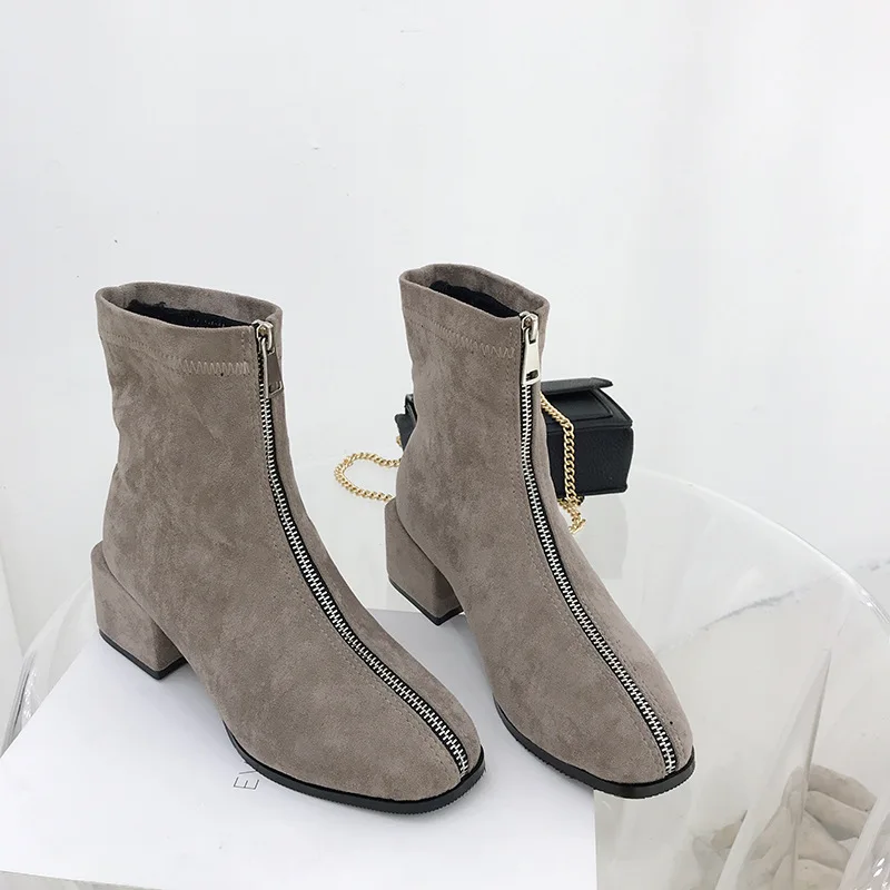 

Round Toe Women's Rubber Boots Bootee Woman 2019 Winter Shoes Luxury Designer Chunky Heel Booties Ladies Zipper Low Heels
