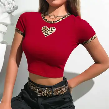 

2020 Sumemr New T-shirts Summer Women Red Short Sleeve O-Neck Leopard Print Heart Skinny Short T-shirt
