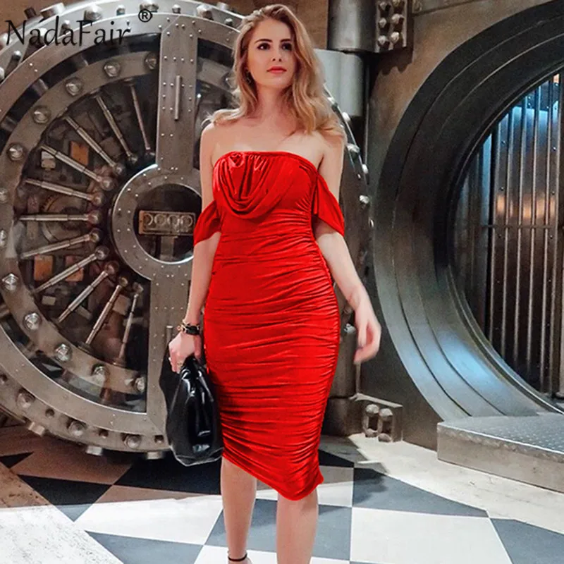 Nadafair сексуальное летнее облегающее платье с открытыми плечами для вечеринок Клубное платье миди с рюшами белое красное черное Бандажное платье для женщин