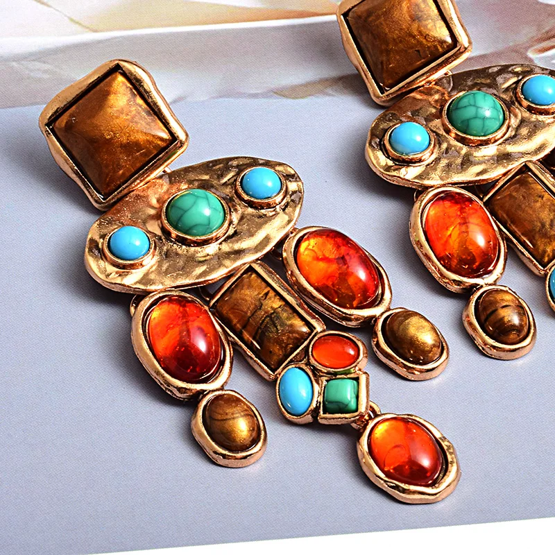 New Vintage Metal Colorful Stone Earrings High-quality Crystal Dangle Long Drop Earring Statement Jewelry Accessories For Women