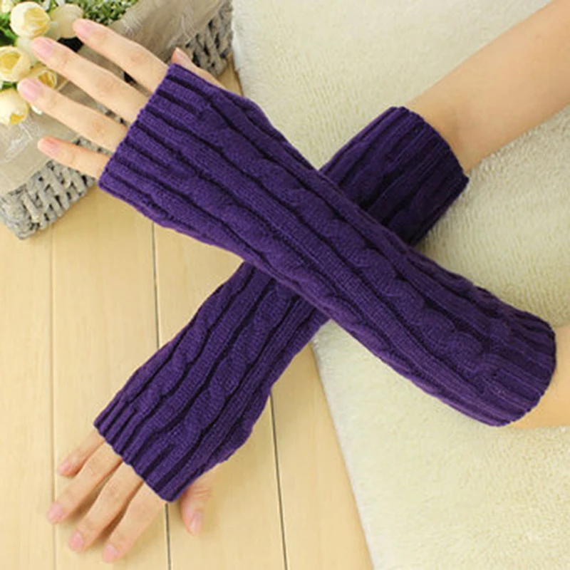 Женские вязаные шерстяные перчатки с полупальцами, женские милые теплые перчатки без пальцев, скрученные перчатки, утолщенные спортивные варежки guantes - Цвет: Фиолетовый