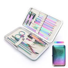 

18 Pieces New Rainbow Manicure Kit Pedicure Professional Grooming Care Tools Nail File Nail Clippers With Leather Manicure Set