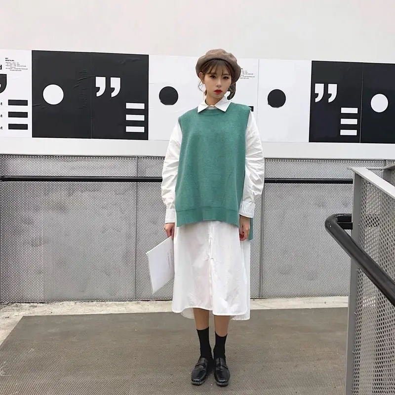 

Fall Knitted Cashmere Wool Vests Casual Female Round Neck Sleeveless Oversized Sweater Solid Soft Loose Side Split Vests