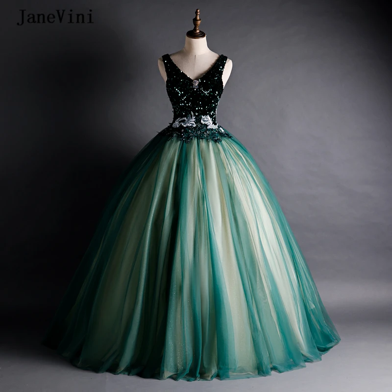 

JaneVini Glitter Green Sequins Long Quinceanera Dresses Ball Gown 2020 V Neck Sleeveless Puffy Prom Dress Vestido Quinceanera 15