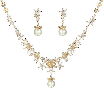 

WEIMANJINGDIAN Flower Cubic Zirconia CZ Zircon Crystal and Shell Pearl Wedding Jewelry Set for Bride or Bridesmaid
