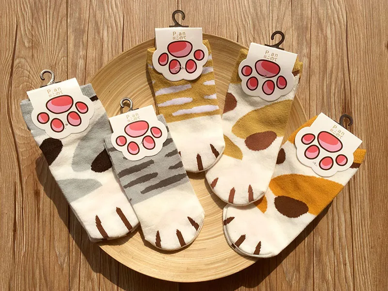 Новые зимние хлопковые жаккардовые забавные носки kawaii с котами и лапами теплые носки до щиколотки с милыми мультяшными животными для женщин и девочек короткие носки в полоску chris
