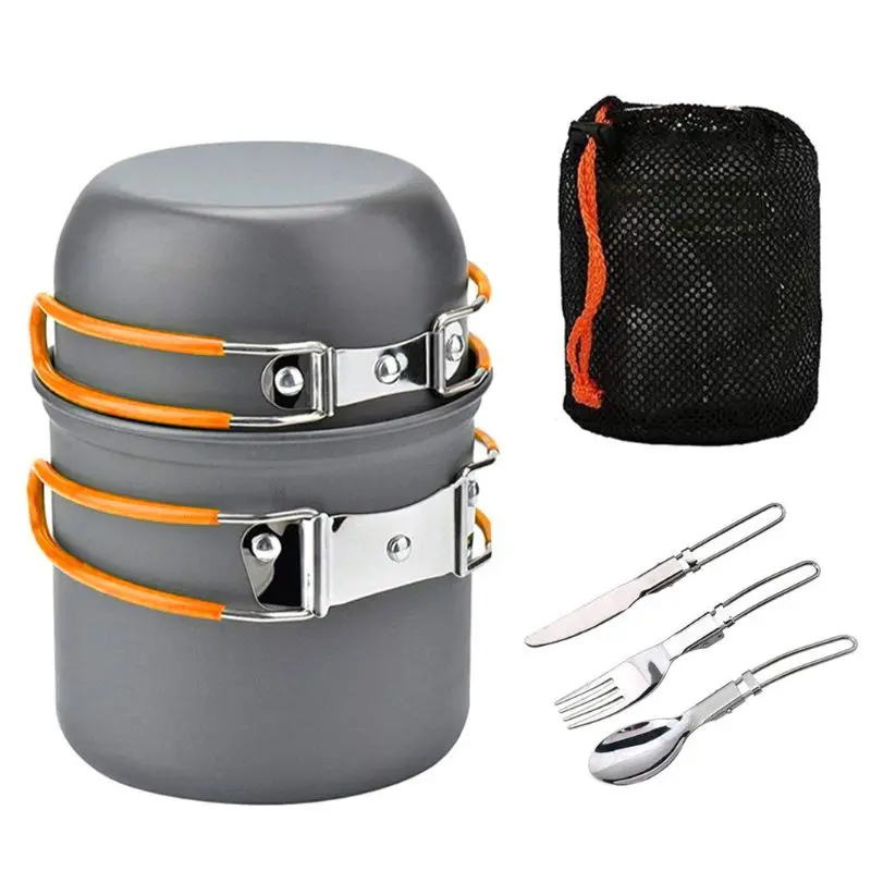ORANGE Camping Cookware Mess Kit Outdoor Cooking Equipment Cookset Camp Pot Pan Bowls- Free Folding Utensil Set, Mess Bag | Lightweigh - Цвет: ORANGE