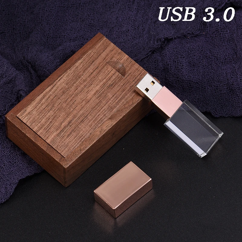 JASTER USB 3,0, деревянная коробка, Кристальный флеш-накопитель, USB флеш-накопитель, 4 ГБ, 8 ГБ, 16 ГБ, флешка, 32 ГБ, 64 ГБ, 128 ГБ, USB флешка с индивидуальным логотипом - Цвет: Walnut Rose Gold