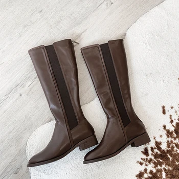 

Genuine Leather low Heels Women Vintage Knee High Boots Party Prom Shoes Woman Winter back Zipper Long Boots size 42 43