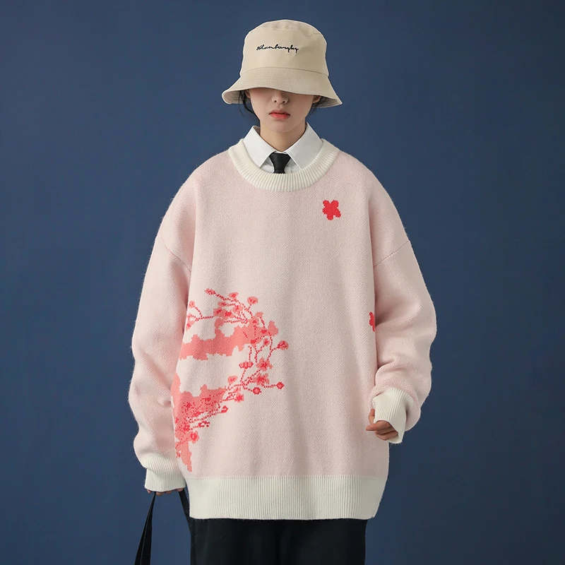 

Plum Flower Print Sweater for Teenage Girls Fall 2020 Fashion Clothing Crewneck Pikn Pullover Tops Women Harajuku Knitted Jumper