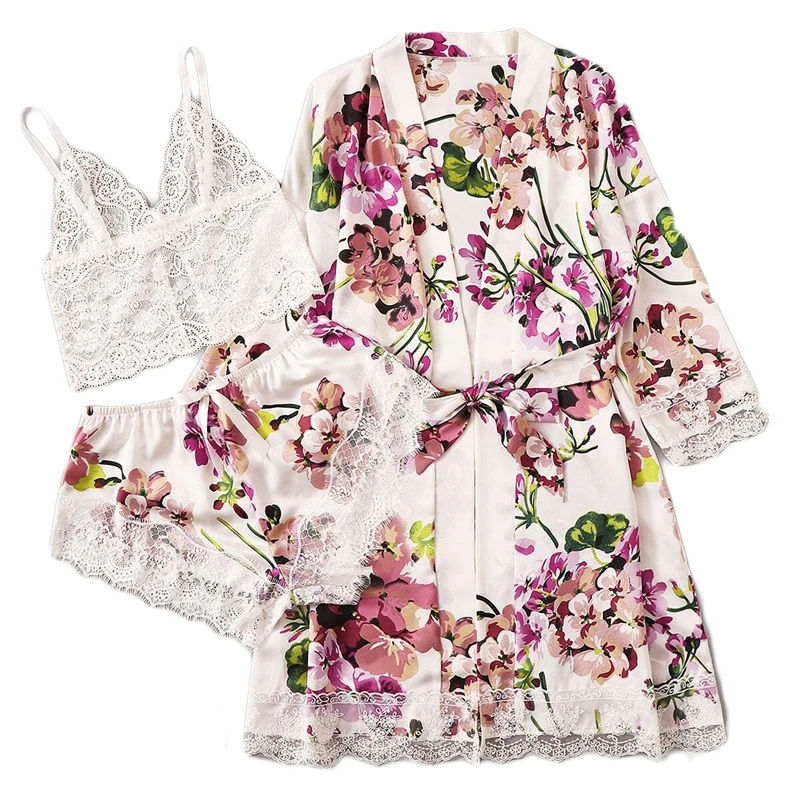 SHEIN многоцветный цветочный кружевной бюстгальтер без косточек с атласными шортами и поясом набор халатов женская пижама Сексуальное нижнее белье наборы