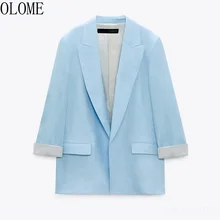Blue Long Sleeve Za Woman Blazer 2021 Elegant Pronounced Shoulders Office Lady Blazers Coat Female Chic Flap Pockets Outerwear