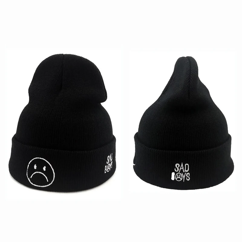 

New High QualityAutumn And Winter Sad Boy Crying Face Embroidery Casual Knit Hat Man Woman Warm Beanie Hat Hip-Hop Skullies Cap