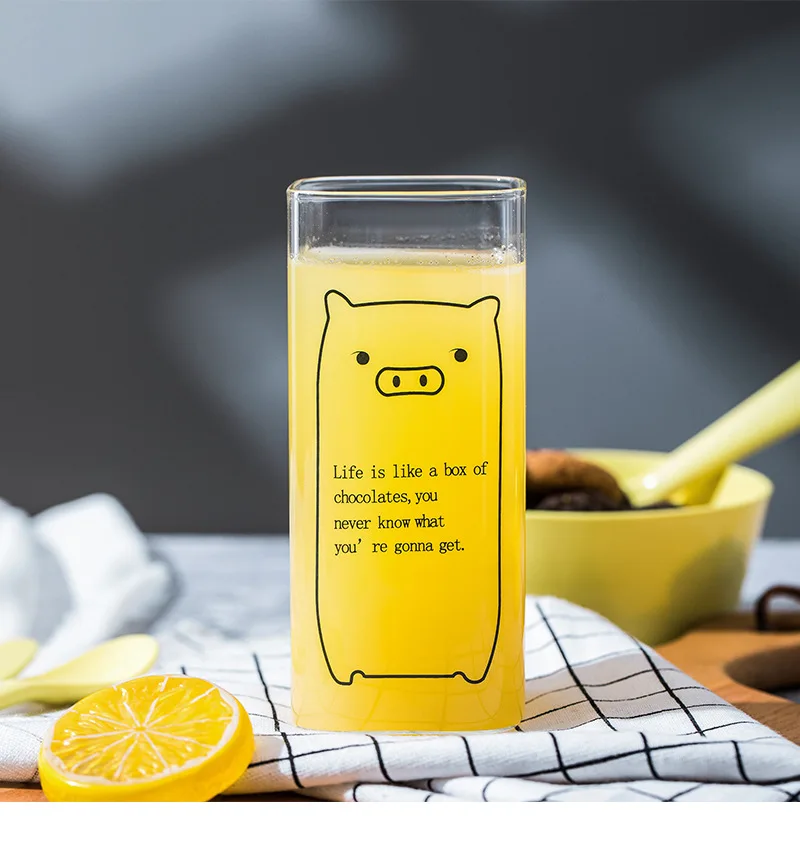 Cartoon Animal Milk Cup Transparent Borosilicate Square Glass Breakfast Juice Cups Heat Resistant Glass With Wooden Airtight Lid And Glass Straw 400-Ml 27 Undefined