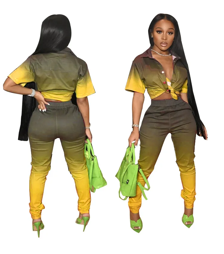2 Piece Suit Summer African Women Sexy Gradient Multi - Color New Fashion Suit Short Sleeve Shirt Long Pencil Pants Casual Suit