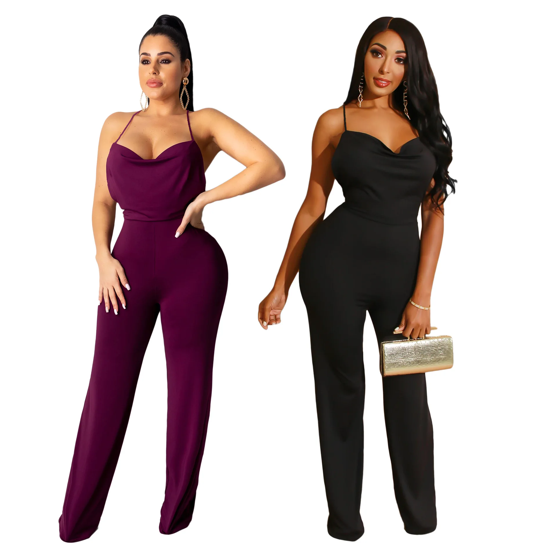 

2020 Summer Women Jumpsuit Sexy Style Model Solid-color Spaghetti Strap Tie Backless European and American Rompers Bodysuit