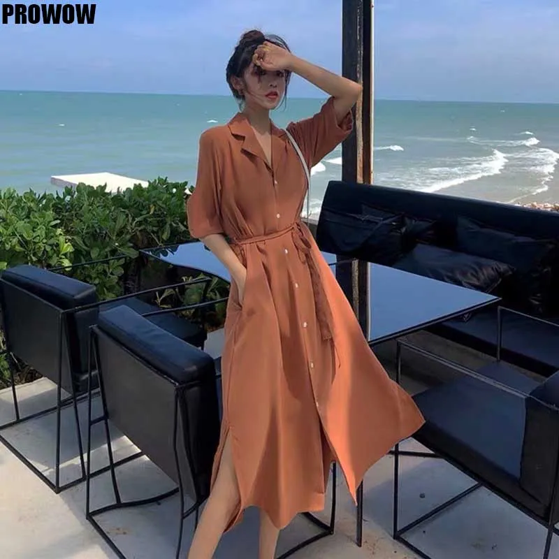 

Chic Elegant Women Midi Dress Summer Fashion Office Waist Split Dresses Korean Retro Chiffon Japanese Leisure Dress Female 2020
