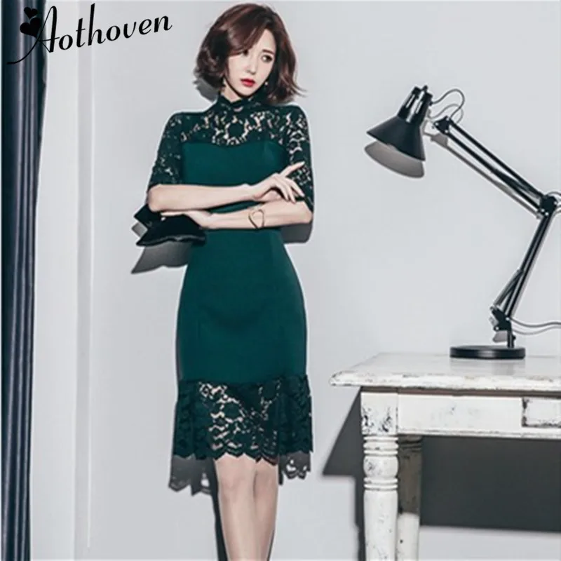 

Summer Lace Patchwork Pencil Dresses Women Stand Collar Half Sleeve Bodycon Dress Office Lady Sexy Party Vintage Bandage Dress
