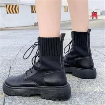 

2020 New Women Army Combat Ankle Boots Woman Shoes Casual Lace Up Gothic Black Sock Platform Leather Boots Fashion Botas Mujer