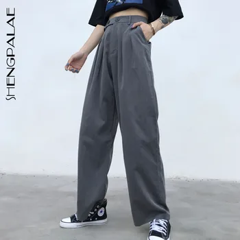 

SHENGPALAE 2020 New Summer Fashion Harajuku Women's Office Ladies Loose Slimming Casual Straight Gray Button Suit Pants ZA3873