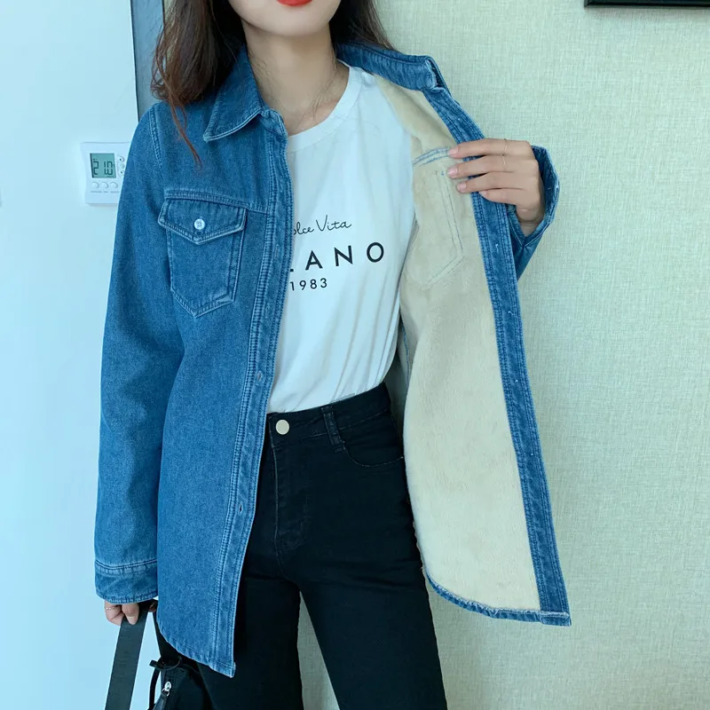 New Casual Denim Long Sleeve Shirts Women Winter Warm Velvet Thicken Tops Femme Loose Plus Size Blouse Long Outwear Jeans Coats 3