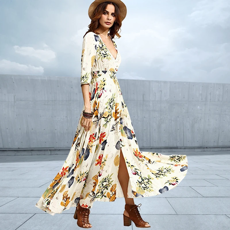 Женское шифоновое платье макси с цветочным принтом V образным вырезом и рукавом