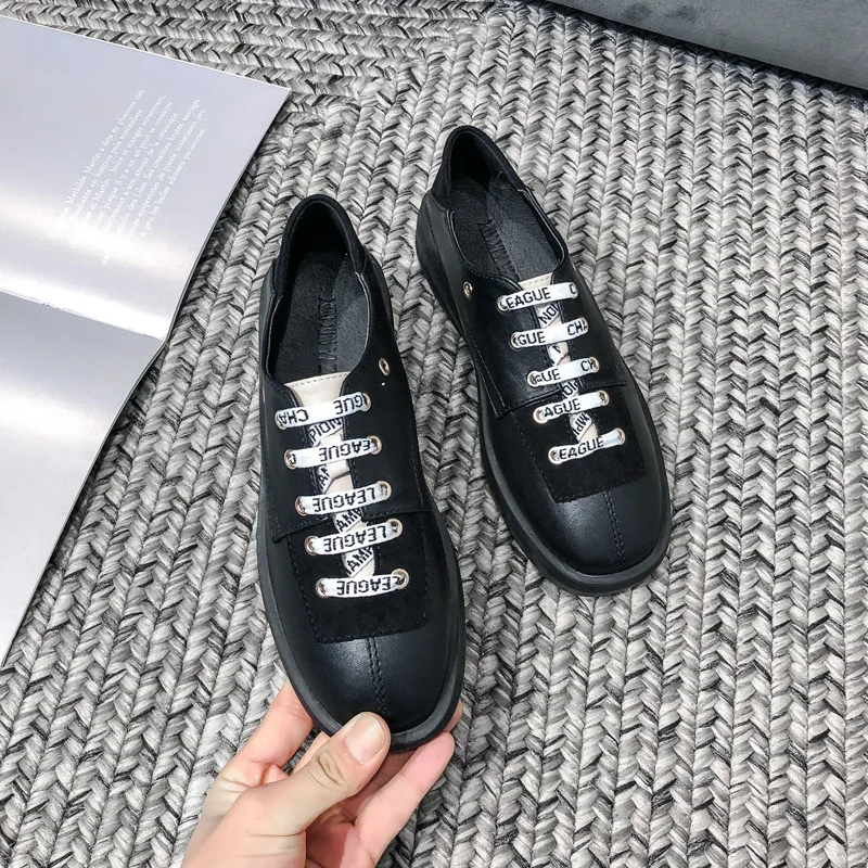 

Black And White with Pattern Small Leather Shoes Women's British-Style Retro Platform Shoes 2020 New Style Online Celebrity roun