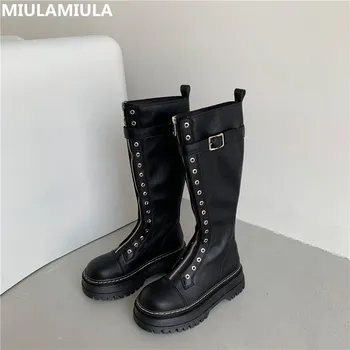 

2020 Winter Brand Designer Luxury Rivet Thick Bottom Wedge Platform Boots High Quality Black Good Leather Knee High Boots Zipper