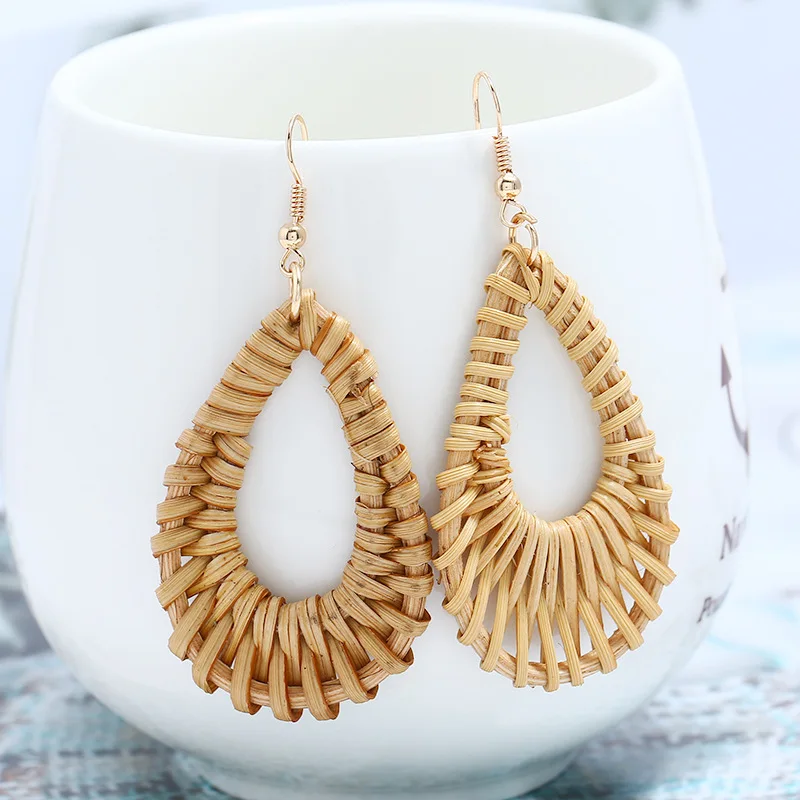 Bohemia Wicker Rattan Knit Earrings Ethnic Wood Bamboo Weaving Geometric Circle Statement Drop Earrings for Women Jewelry