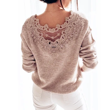 

Elegant Lace Flower hollow out Back Stitching Backless Pullover Women Long Sleeve O Neck Tops Soft Shirts Blouse