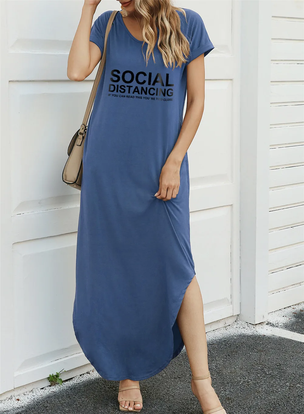 

SOCIAL DISTANCING Letter Print Women Summer Dress V-neck Short Sleeve Side Split With Pocket Harajuku Long Dresses Vintage Dress