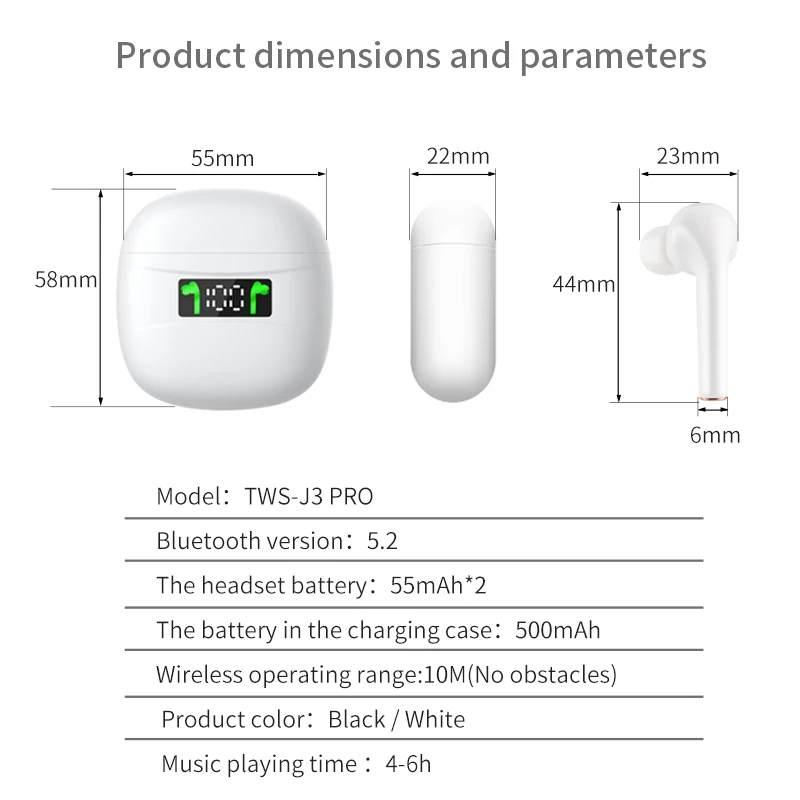 J3 Pro Tws Wireless Bluetooth Headphones Sport Wireless Headphone Touch Control Headset Bluetooth 5 2 Headphones With Microphone