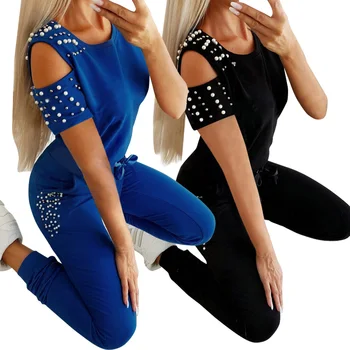 

Women Tracksuit Summer Short Sleeve Off Shoulder Beading Top Drawstring Pantss 2Pcs Set Casual Sweatsuit Sports Wear D30