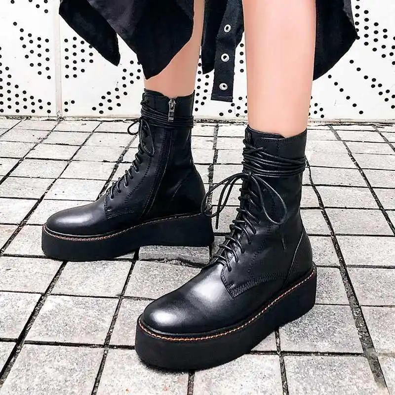 Новая зимняя обувь Zapatos de mujer женские ботинки красивые теплые ботинки до середины икры из коровьей кожи с круглым носком на шнуровке bottes femme
