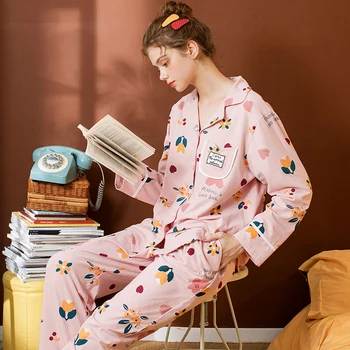 

FENTENG Autumn Pajamas For Women Causal Home Suit Sweety Printed Pajamas Lapel Single-breasted Pajamas Women Set J98132695