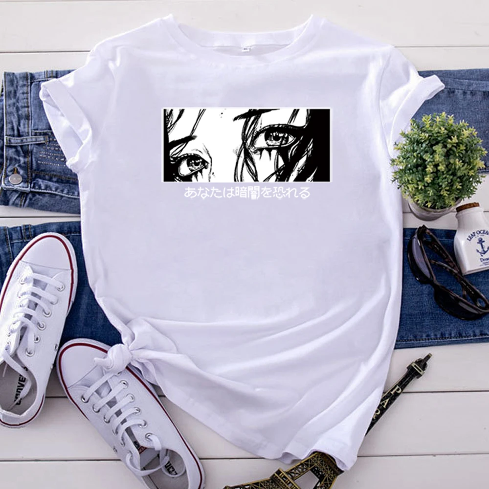 T-Shirts Cool Eyes Black And White Illustration Womens T-Shirts Vintage Oversized Woman Topspunk Harajuku T Shirts For Women'S