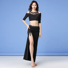 Новая модная женская Одежда для танцев набор костюма для танца живота с открытыми плечами топ и длинная юбка в горошек сетка для живота