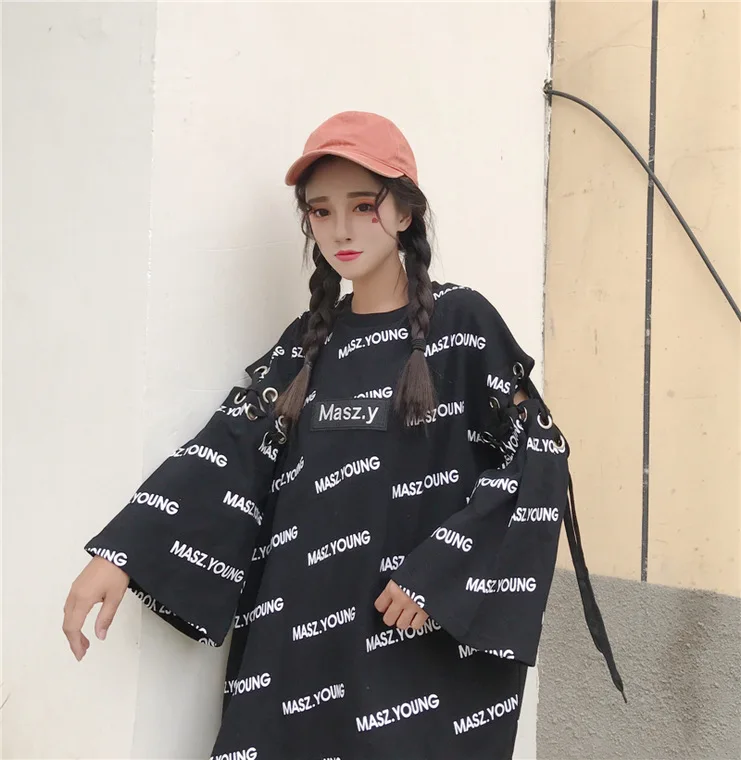 Для фотосессии Harajuku Labuhan Angin Kong-style с принтом букв бандажная ткань с большими рукавами Женская толстовка средней длины
