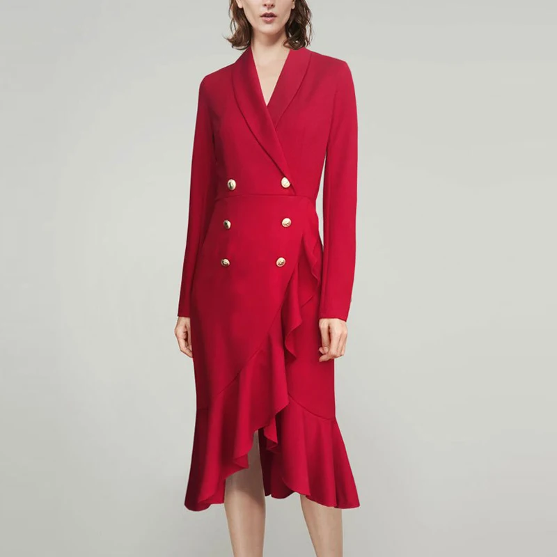 

VERDEJULIAY Office Ladies Autumn Dress 2020 Fashion Fall Winter Full Sleeve Button Ruffles Elegant Red Long Dress Vestidos
